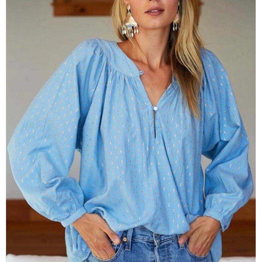 Emerson Fry Blue Peasant Blouse with Metallic Dots